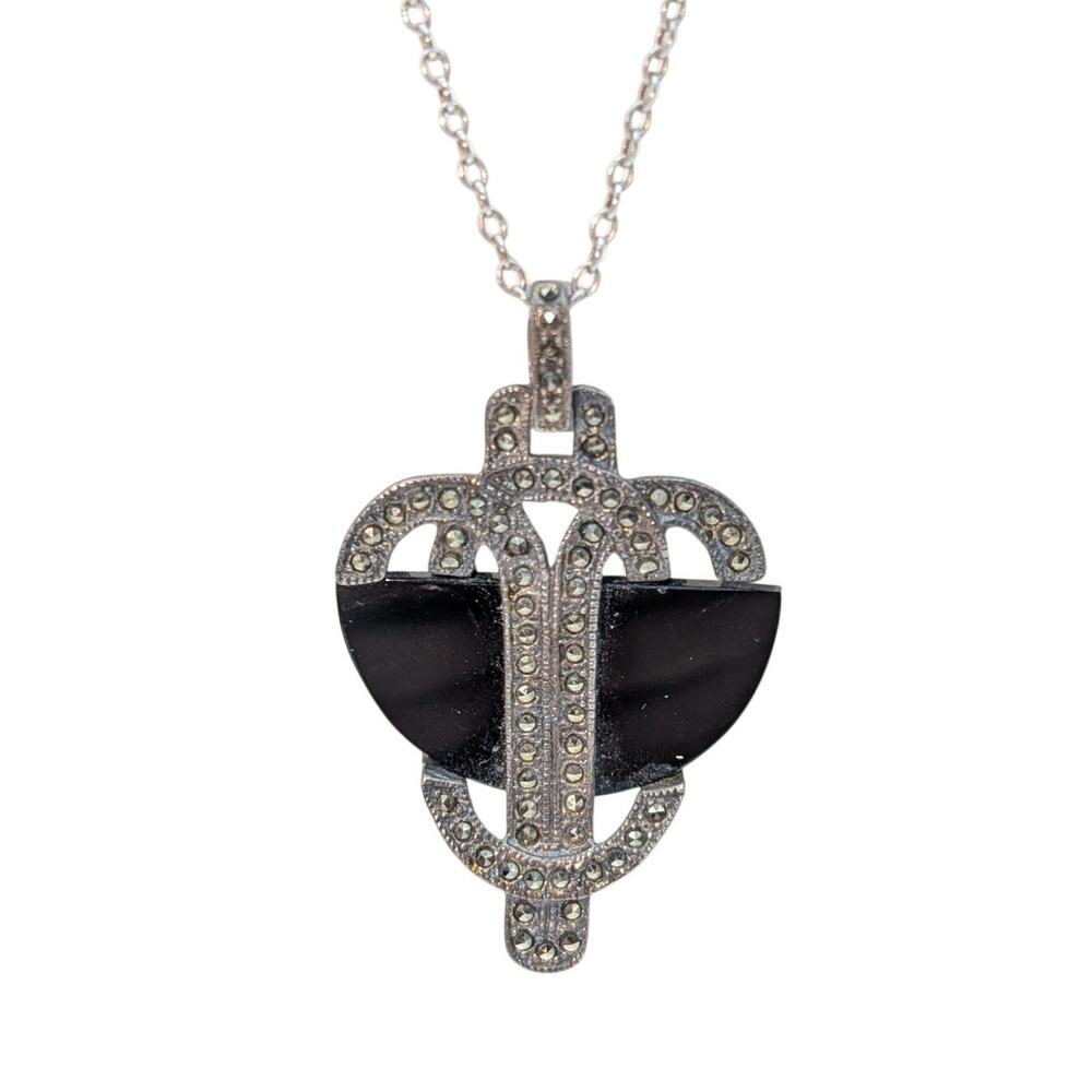 Vintage/Antique Art Deco Sterling Silver Onyx Marcasite Pendant 24.5" Necklace - Picture 2 of 7